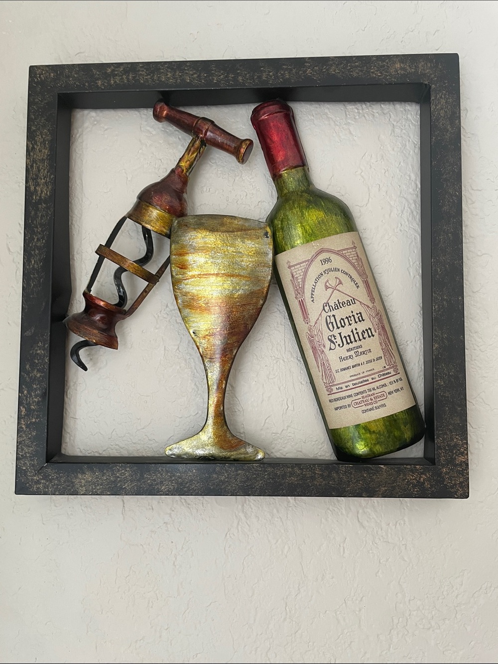 Wine Bottle and Glass Wall Art - Green/Gold Accent